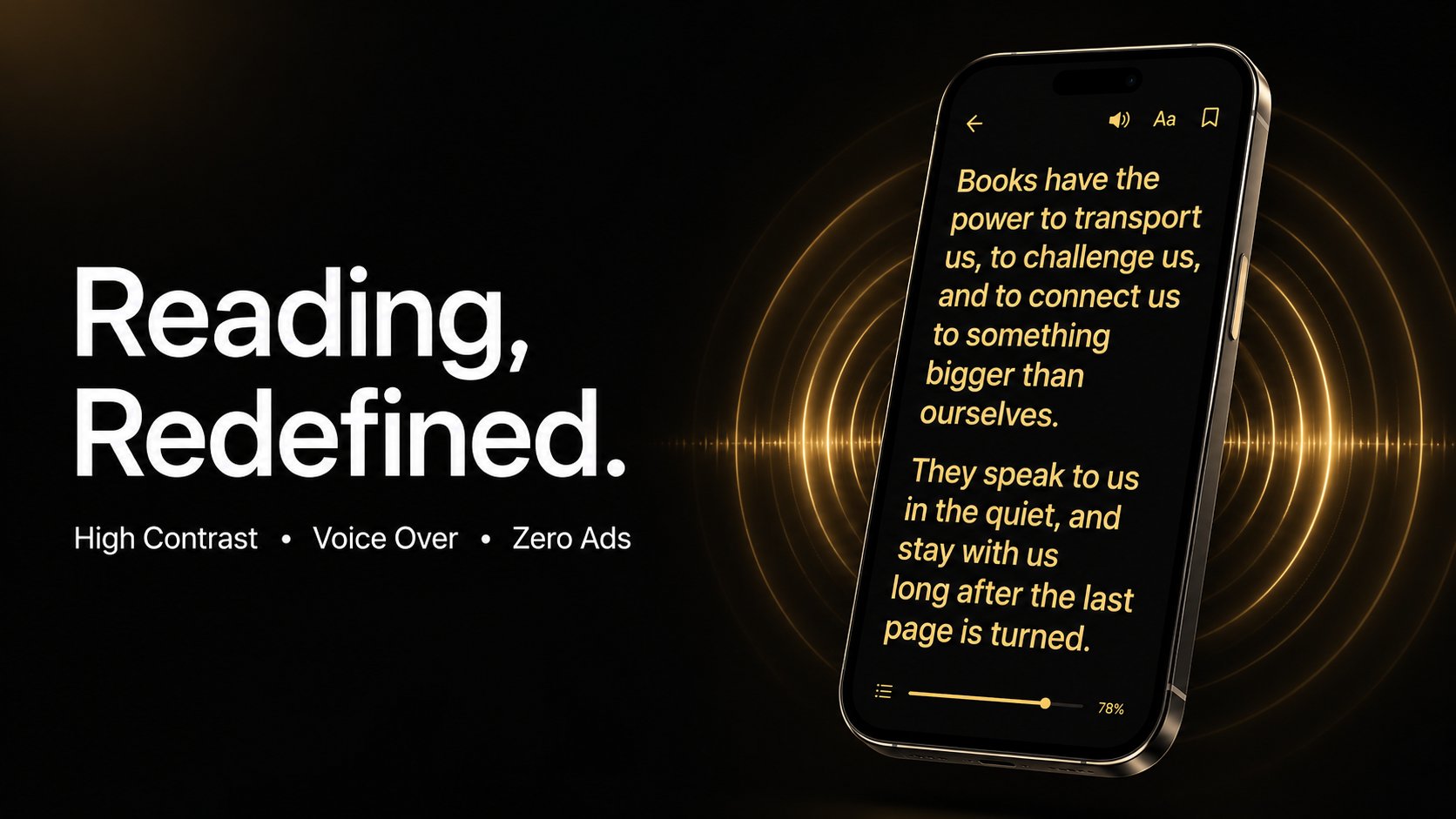 LucidRead app screenshot: high-contrast reader on iPhone with VoiceOver support
